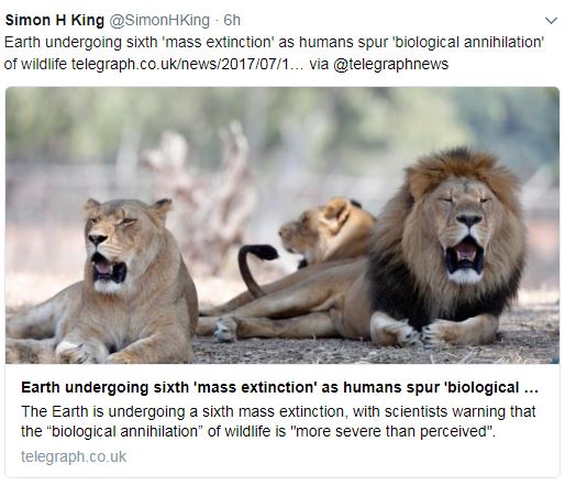 “Earth undergoing sixth ‘mass extinction’ as humans spur ‘biological annihilation’ of wildlife” reports The&nbsp;Telegraph