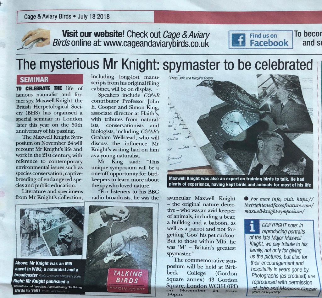 “The mysterious Mr Knight: spymaster to be celebrated.” – Cage & Aviary Birds magazine July&nbsp;18.